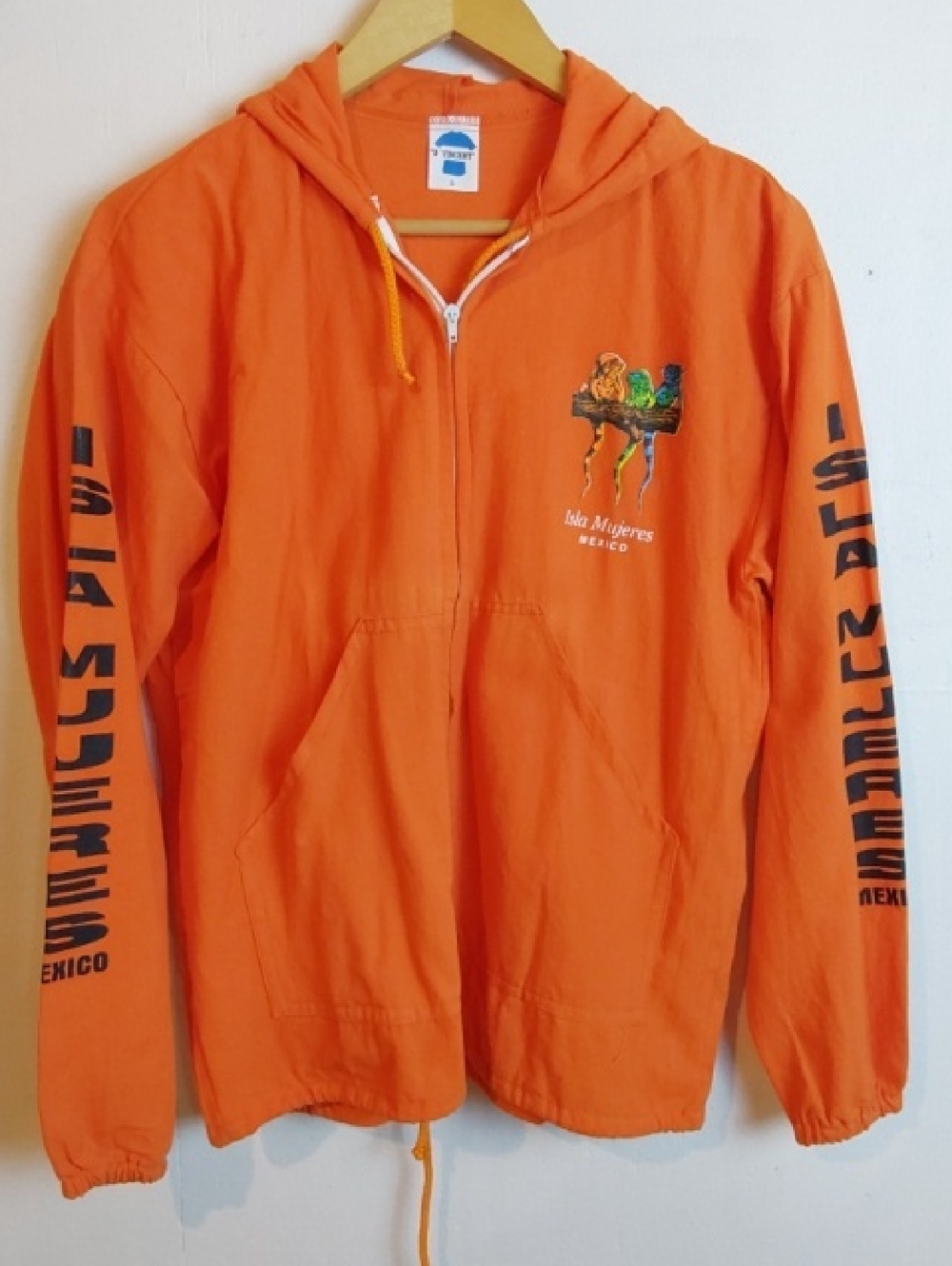 Isla Mujeres Orange Gauzy Lightweight Hoodie Jacket Mexico Graphic Iguanas Sz.S